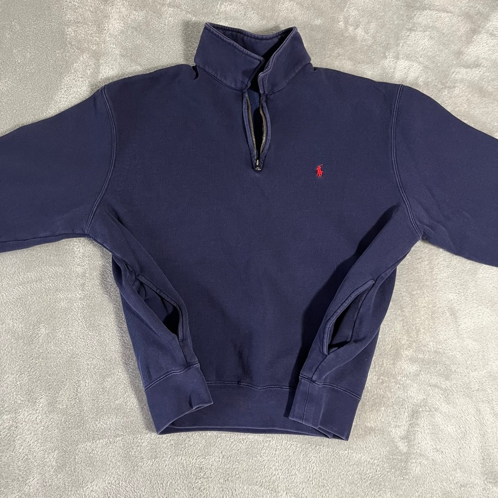 Vintage Polo Ralph Lauren Mens 1/4 Zip Pullover Sweatshirt With Pockets Blue